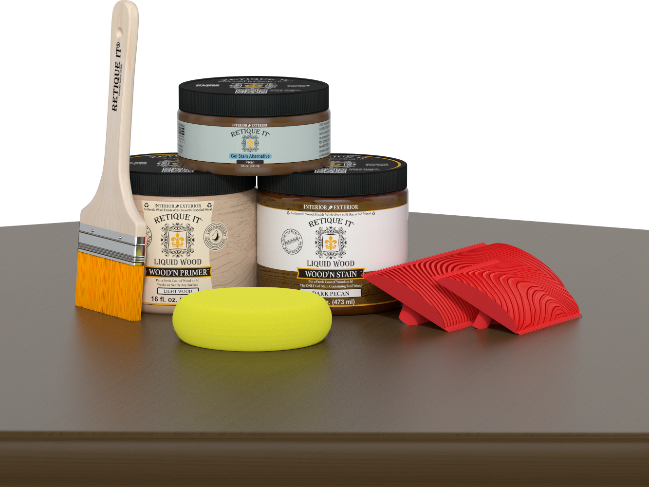 Dark Pecan Wood'n Finish Kit by Retique It® for multi-purpose wood finishing, featuring brushes and finishing products.