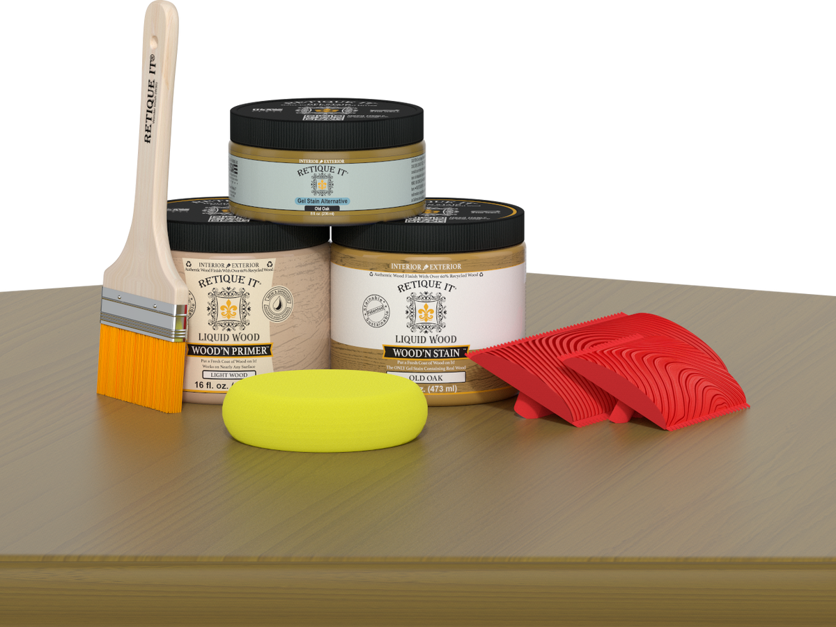 Retique It® Fireplace Wood'n Finish Kit for full fireplace in Old Oak stain, featuring wood stain and finishing tools on a table.