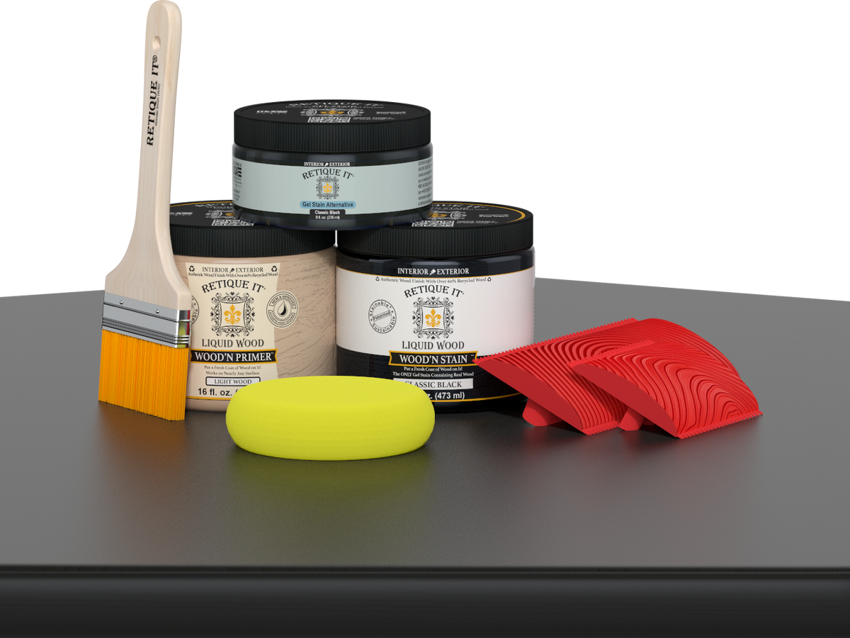 Retique It® Wood'n Kit in Classic Black, a multi-purpose wood finish kit, shown on a wooden table surface.