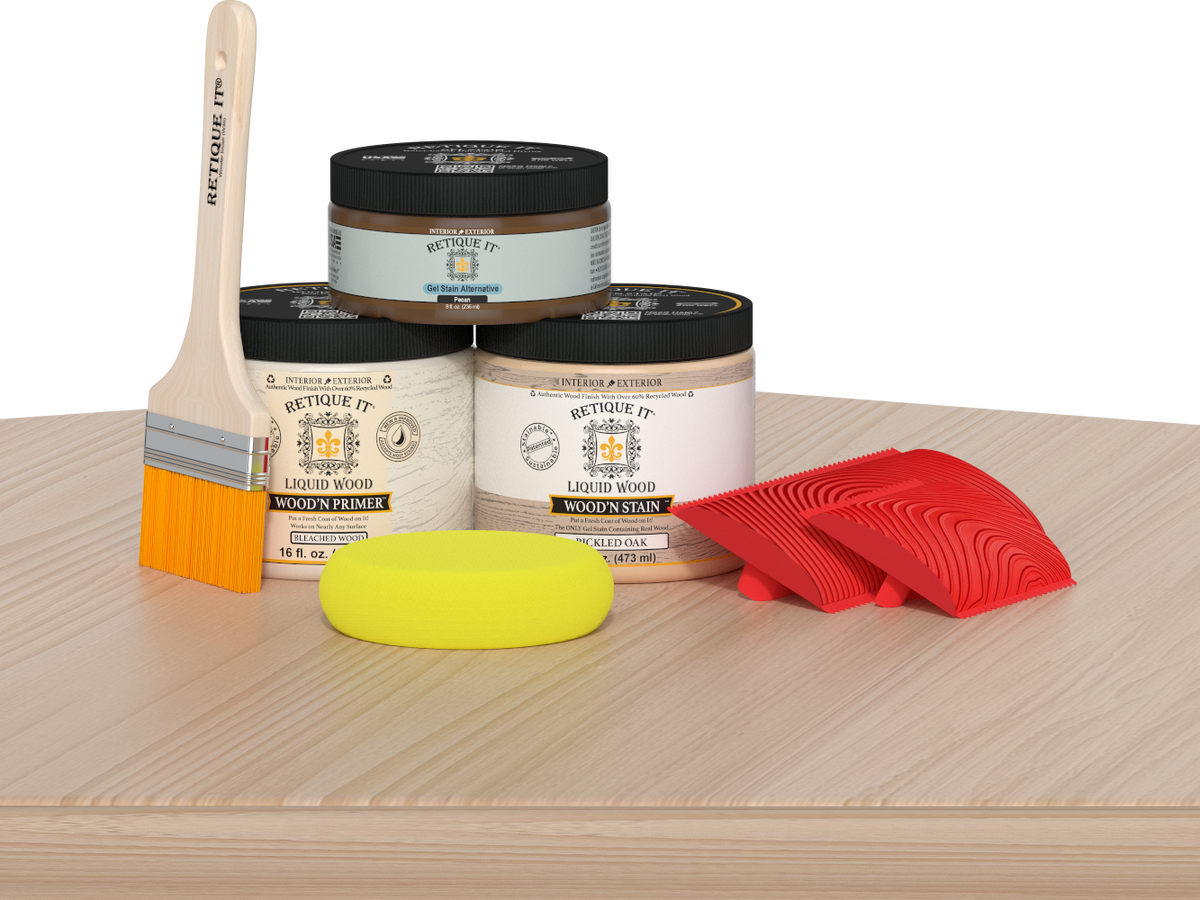Retique It® Fireplace Wood'n Finish Kit for full fireplace, featuring White Oak stain, with wood grain and finishing tools visible.