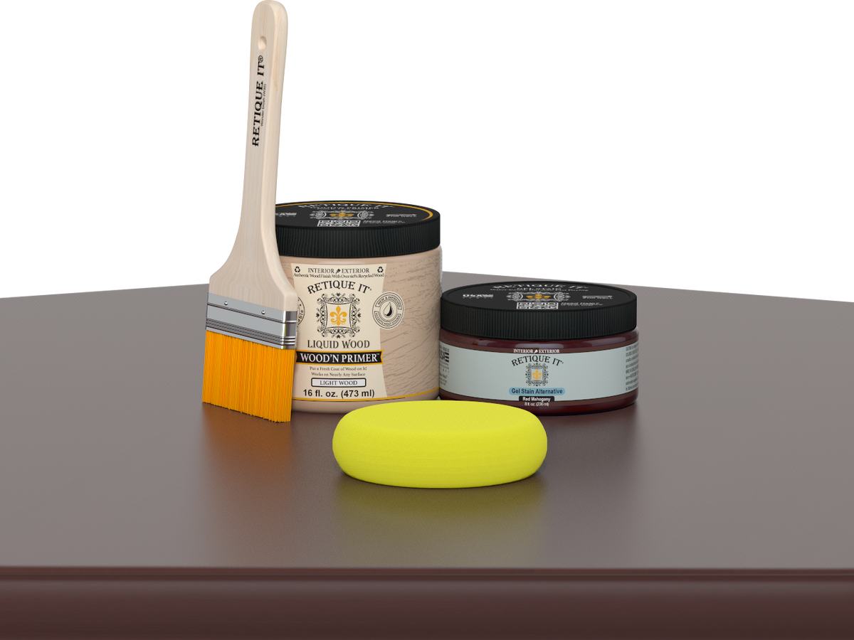 Retique It® Multi-purpose Smooth Finish Kit in Red Mahogany for wood furniture and surfaces, includes applicator tools and finish components.