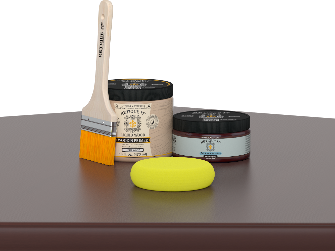 Retique It® Multi-purpose Smooth Finish Kit in Red Mahogany for wood furniture and surfaces, includes applicator tools and finish components.