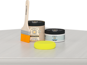 Retique It® Multi-purpose Smooth Finish Kit in White Wash for wood furniture and projects, featuring brushes and finishing tools.