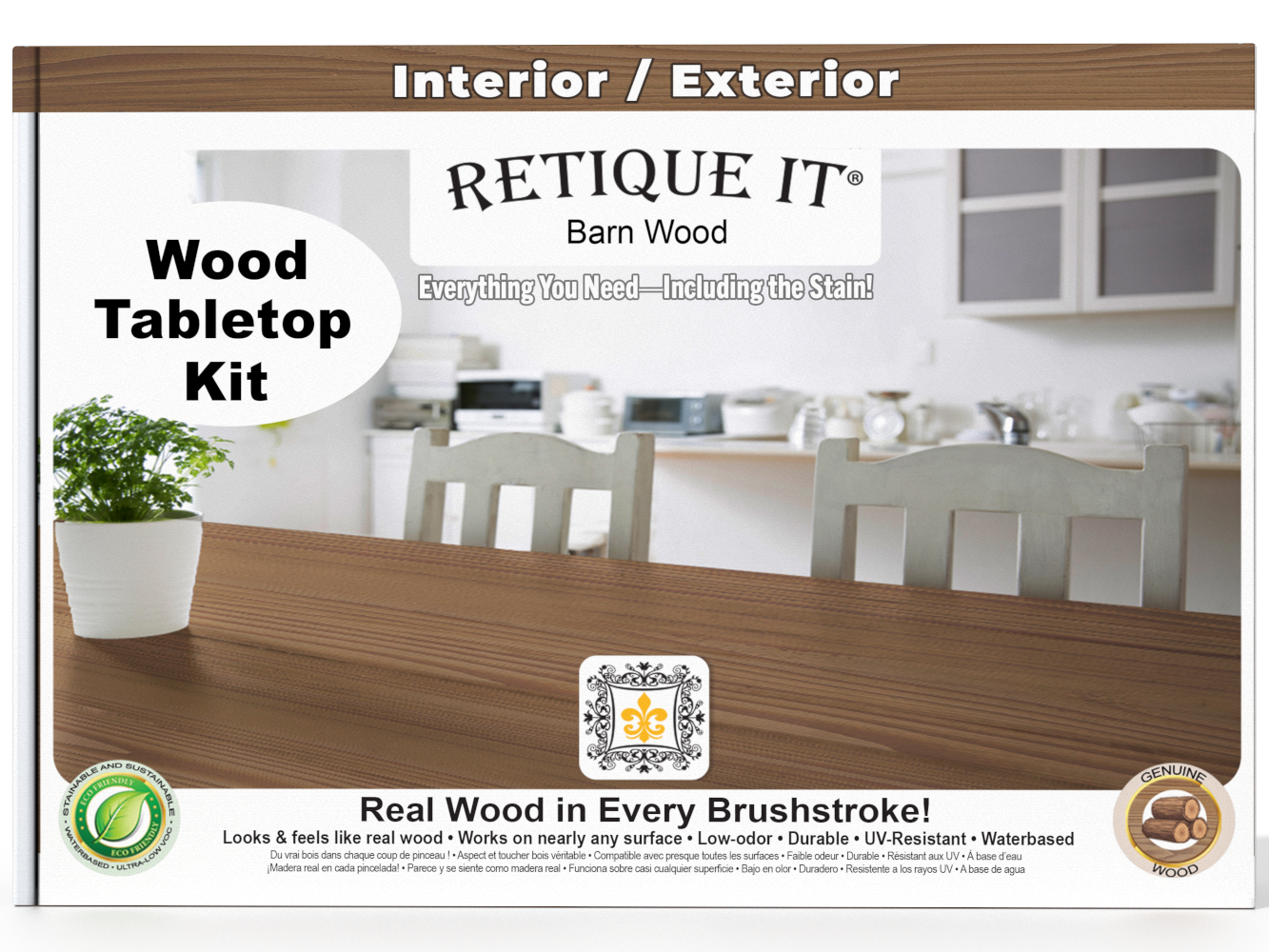 Retique It wood tabletop kit packaging with a kitchen background
