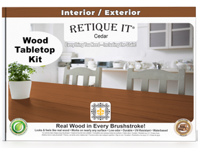 Retique It Wood Tabletop Kit packaging with a kitchen background