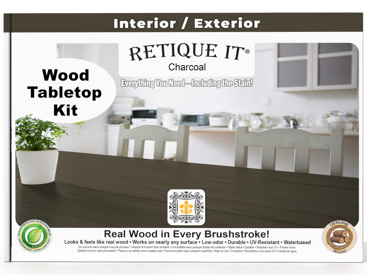 Retique It wood tabletop kit packaging with a dining room scene in the background