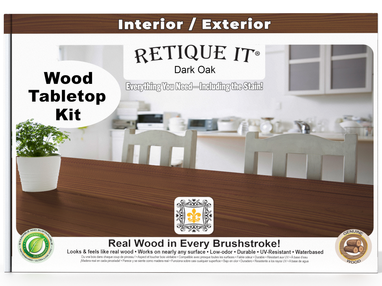 Retique It wood tabletop kit packaging with a dining room scene in the background