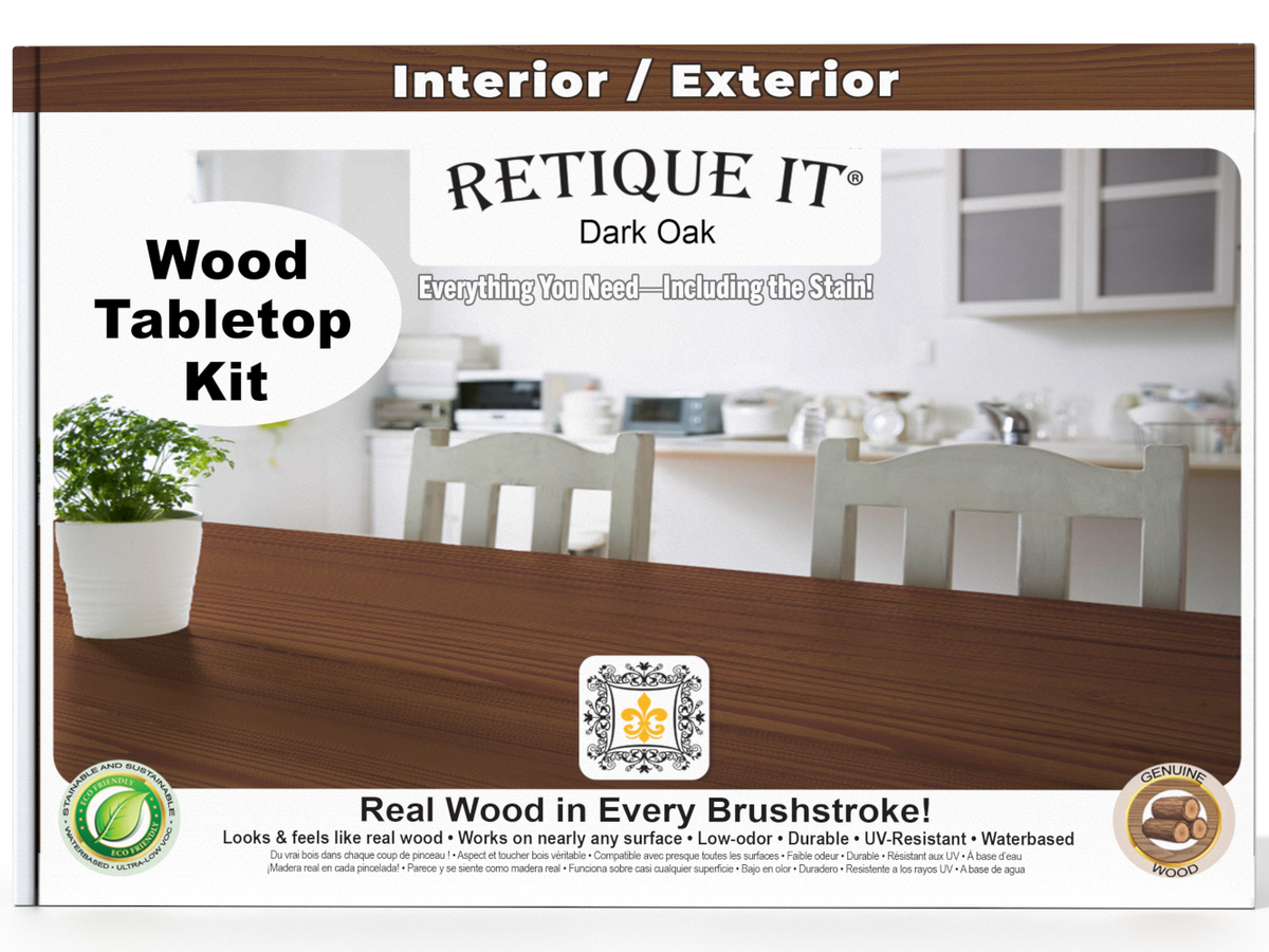 Retique It wood tabletop kit packaging with a dining room scene in the background