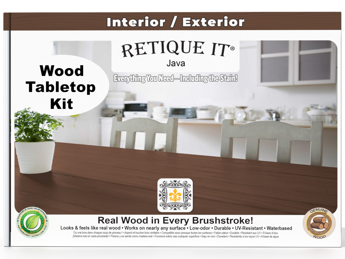 Retique It Wood Tabletop Kit packaging with a kitchen background