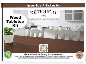 Retique It Wood Tabletop Kit packaging with a kitchen background