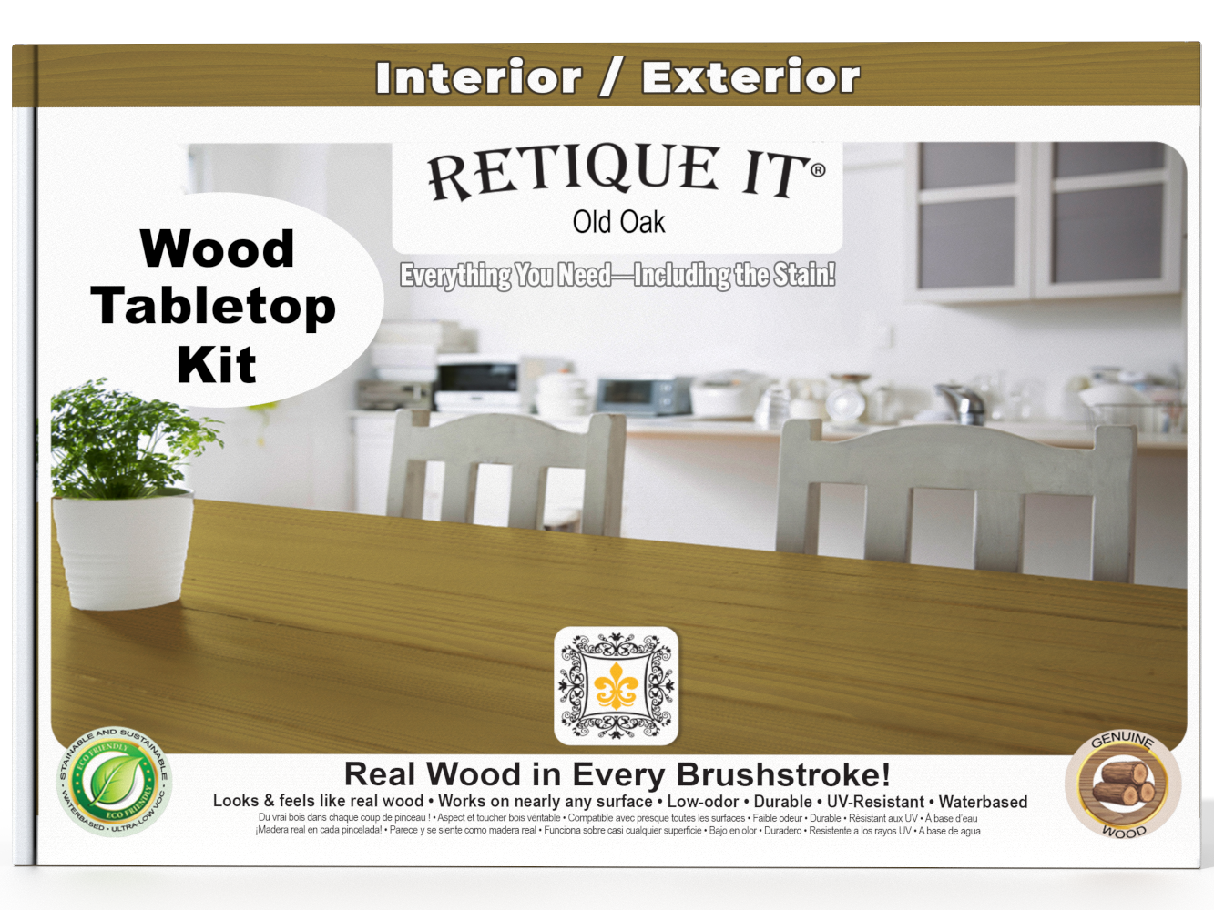 Retique It wood tabletop kit packaging with a kitchen background