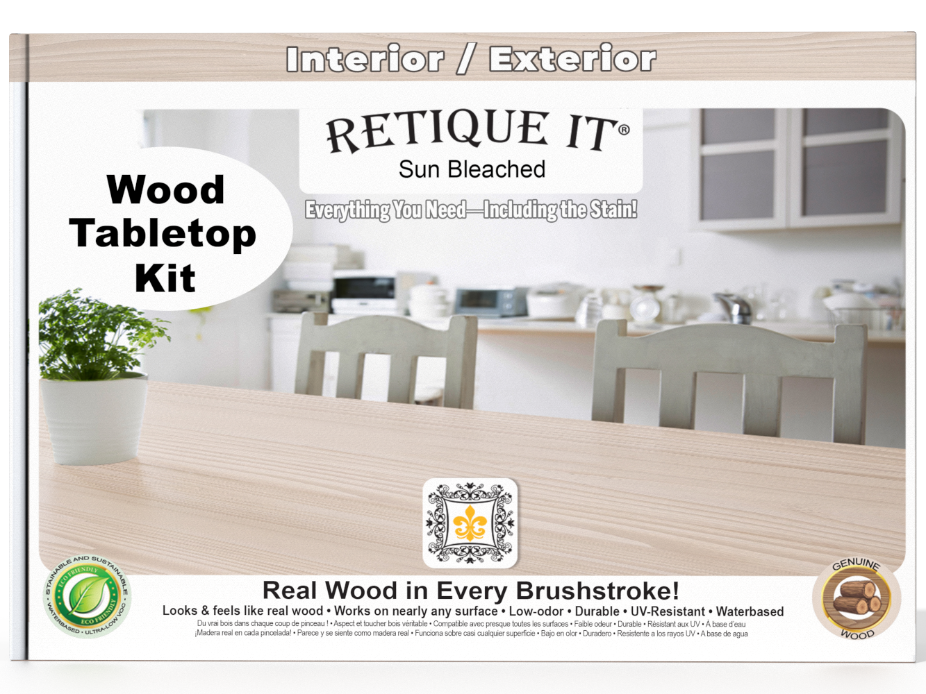 Retique It wood tabletop kit packaging with a kitchen background