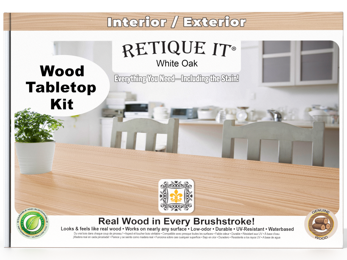 Retique It wood tabletop kit packaging with a kitchen background