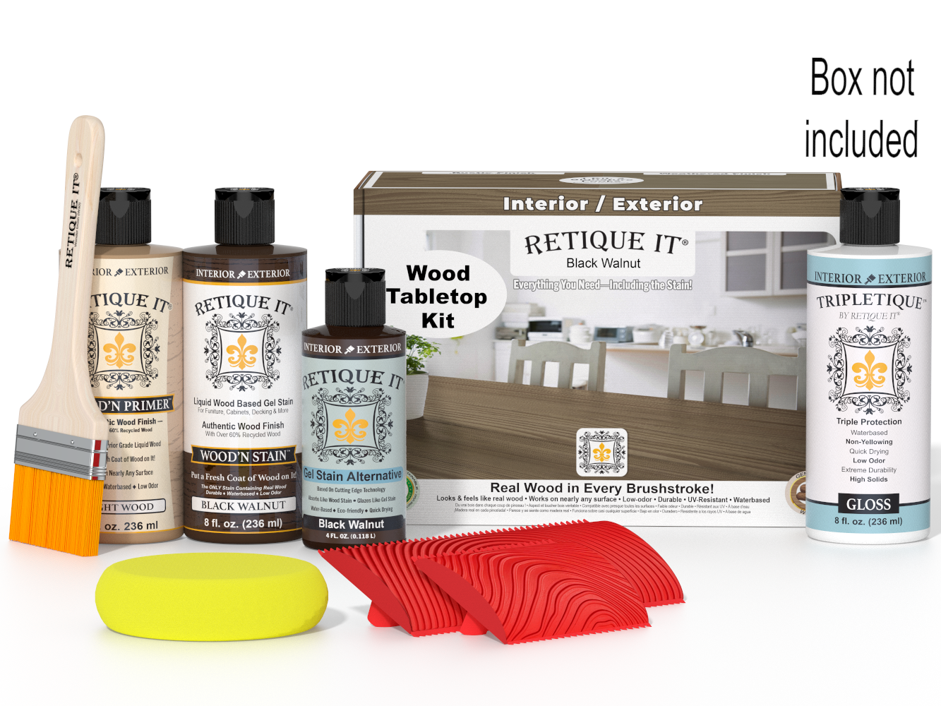 Wood finish product set with bottles, a brush, and packaging on a white background