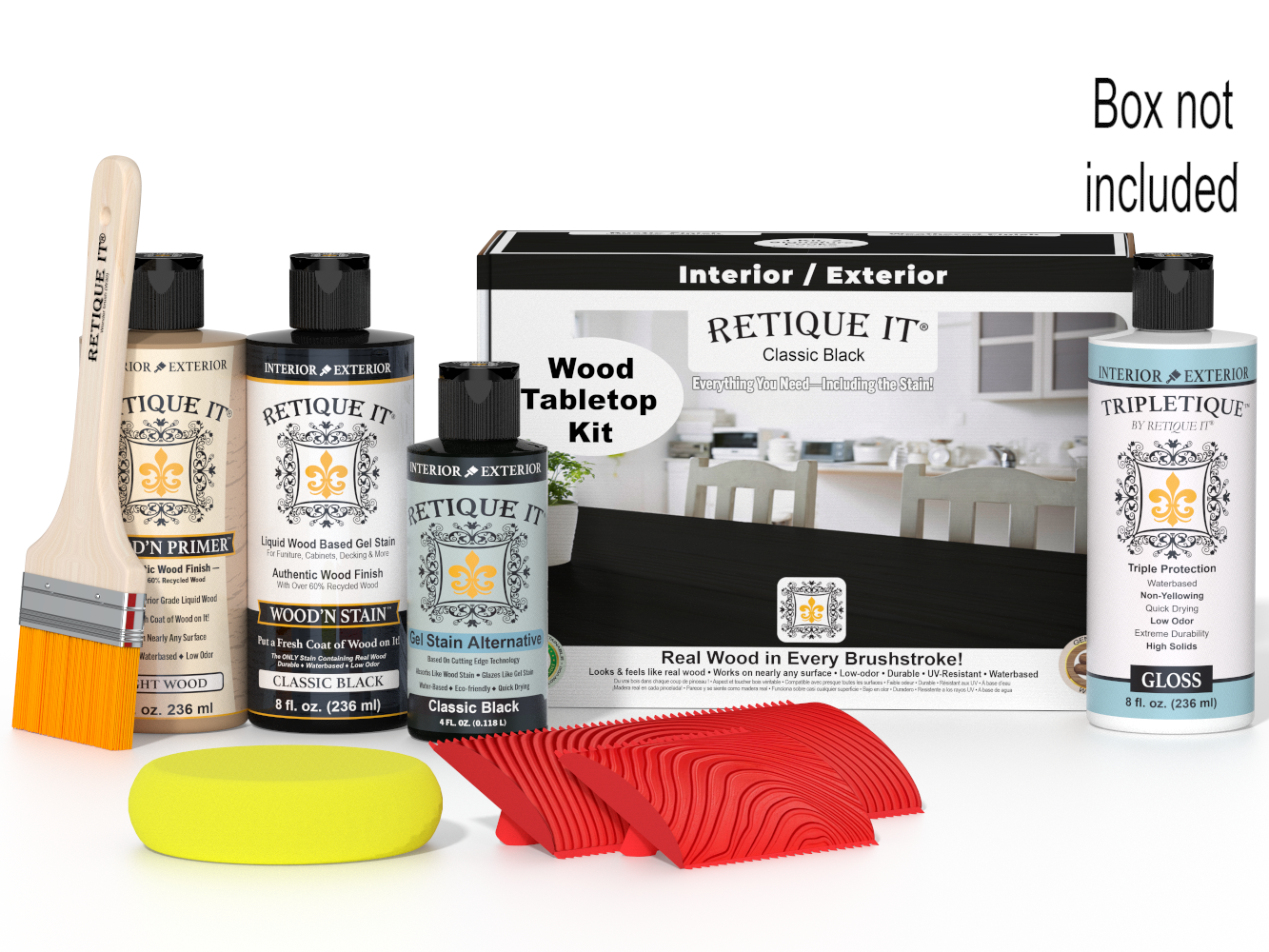 Wood care product set with bottles, a brush, and a box labeled 'Reticue It' on a white background.