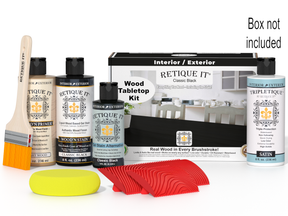 Retique It wood care product set with bottles, a brush, and a box on a white background.