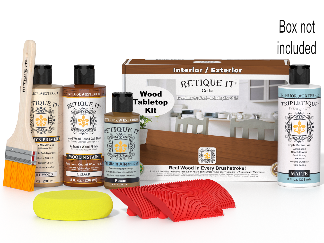 Wood care products including bottles, a brush, and a box labeled 'Retique It' on a white background.