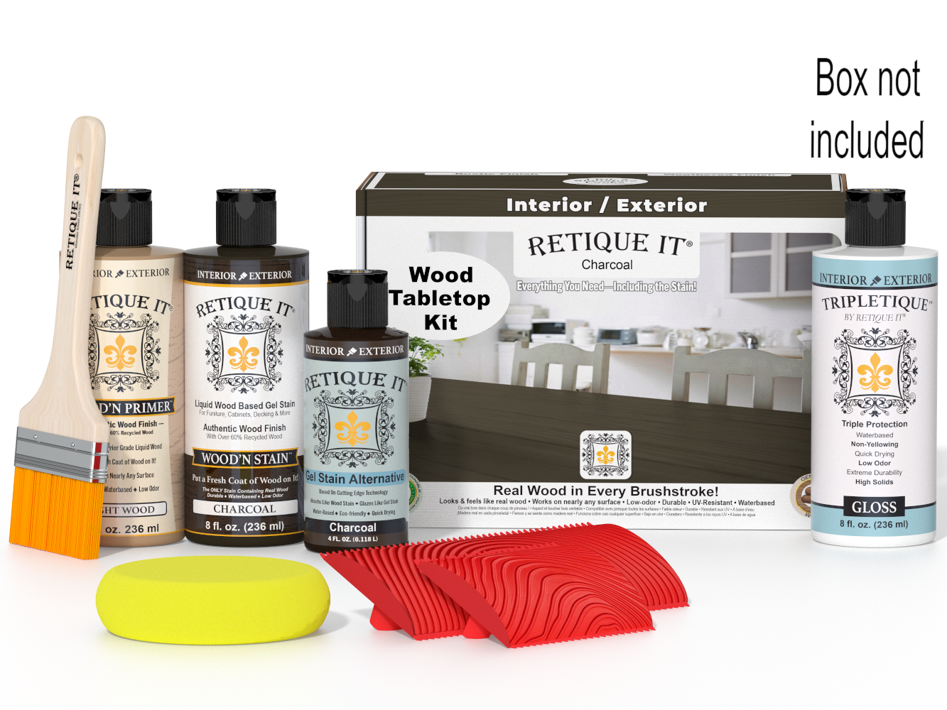 Retique It wood staining kit with bottles, brush, and packaging on a white background
