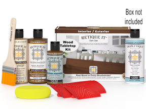 Wood finish product set with bottles, brush, and packaging on a white background