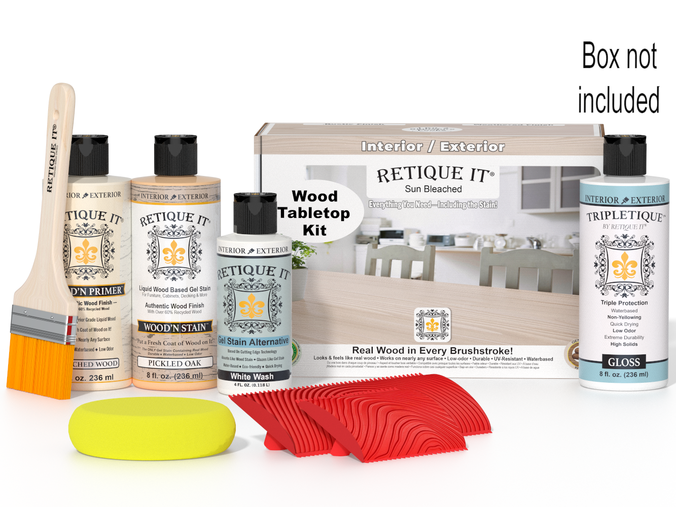 Wood care product set with bottles, a brush, and a box labeled 'Retique It' on a white background.