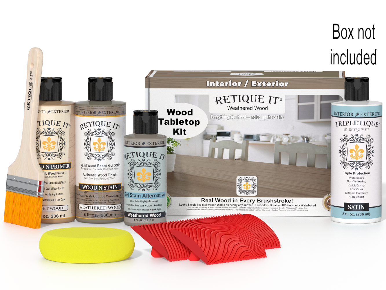 Wood finish kit with bottles, brush, and other tools on a white background