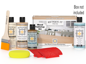 Wood finish product set with bottles, a brush, and a box labeled 'Retique It' on a white background.