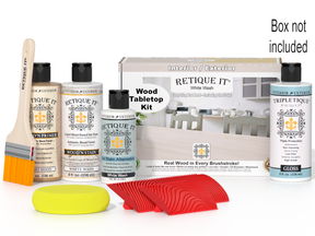 Retique It wood staining kit with bottles, brush, and packaging on a white background