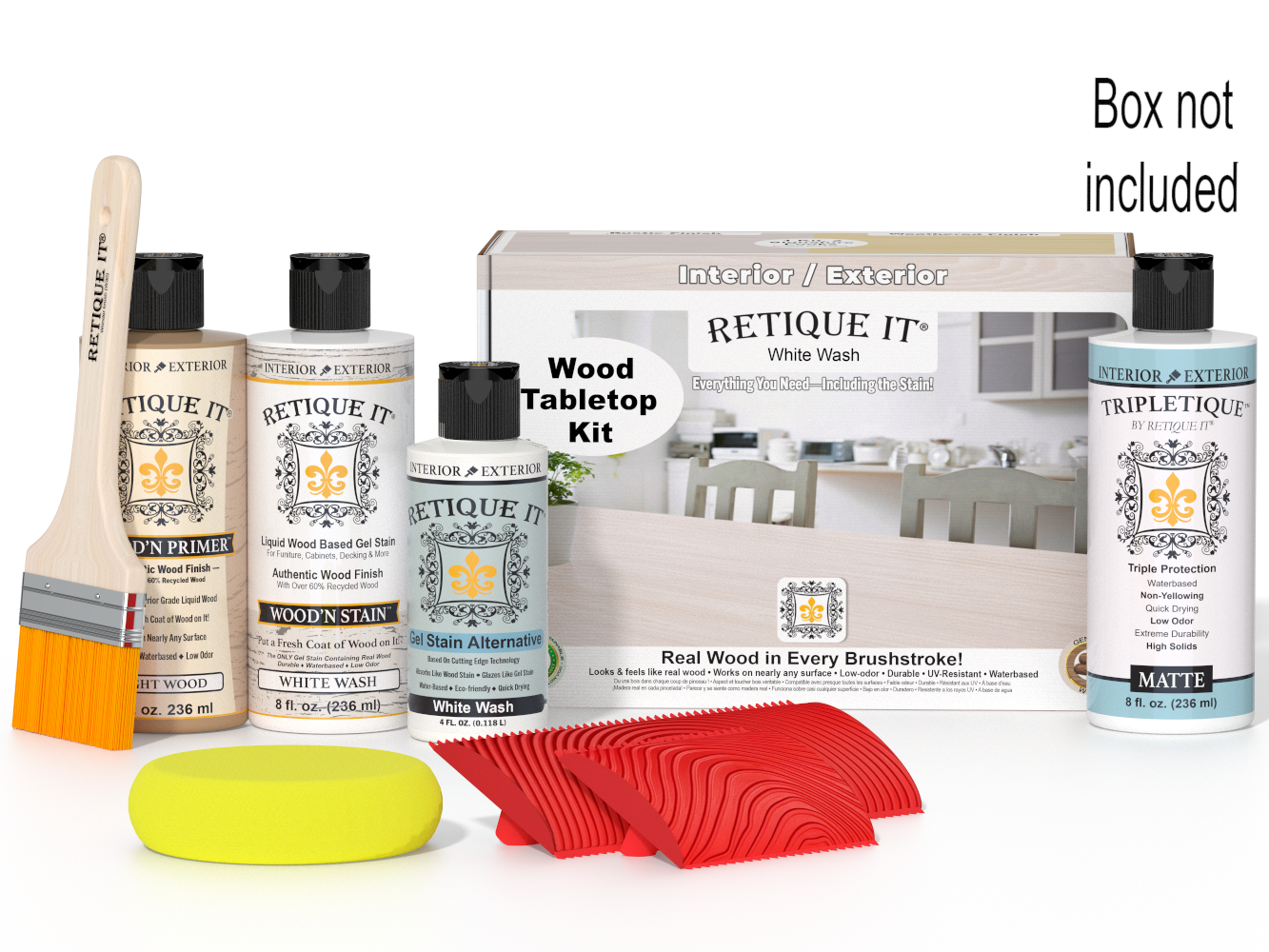 Retique It wood staining kit with bottles, a brush, and a box on a white background.