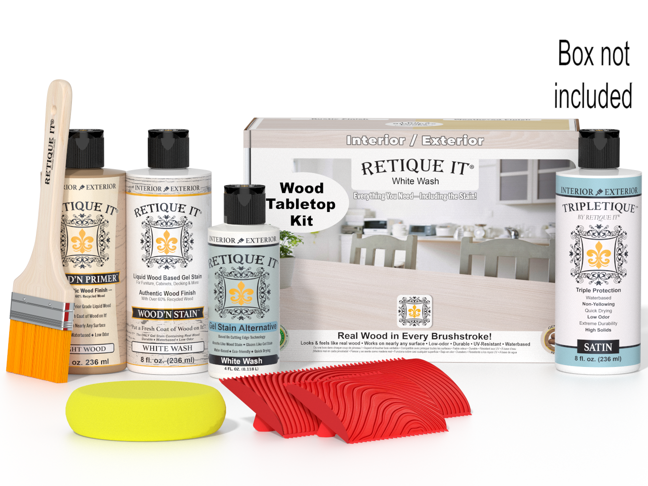 Retique It wood staining kit with bottles, a brush, and a box on a white background.