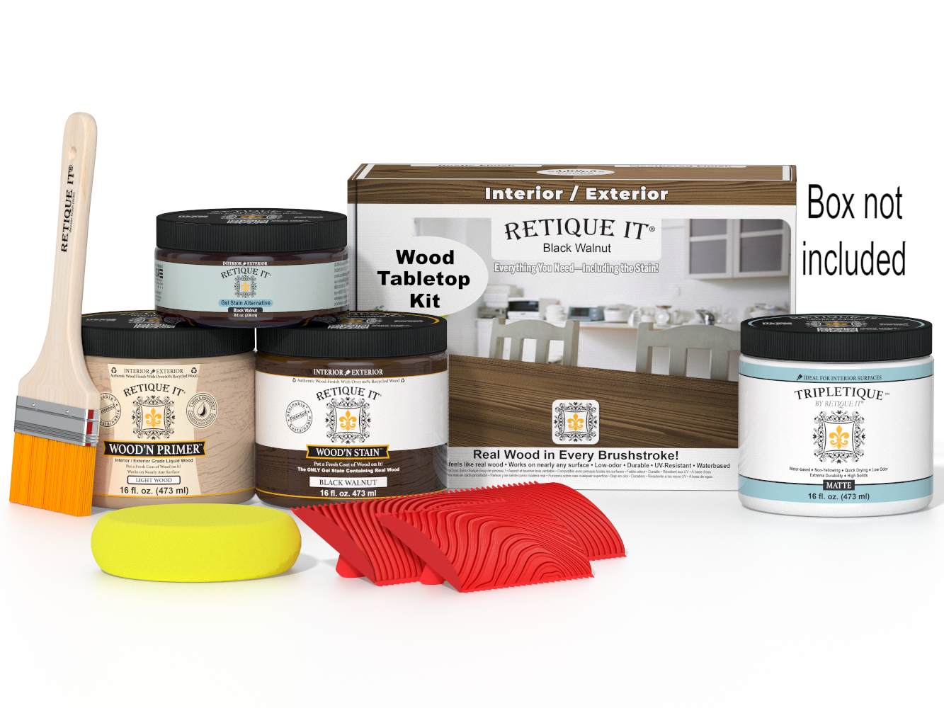Wooden finish kit with paint cans, a brush, and a box labeled 'Retique It' on a white background.