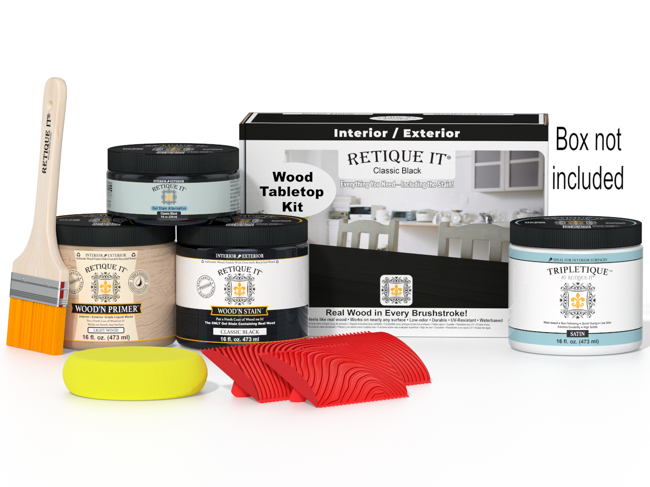 Wooden finish kit with paint cans, a brush, and a box on a white background