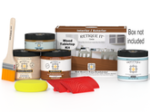 Wooden finish kit with paint cans, a brush, and packaging on a white background