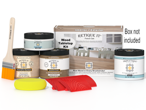 Wooden furniture painting kit with paint cans, brush, and packaging on a white background