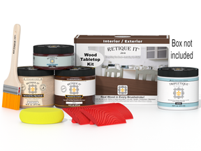 Wood finish kit with paint cans, brush, and packaging on a white background