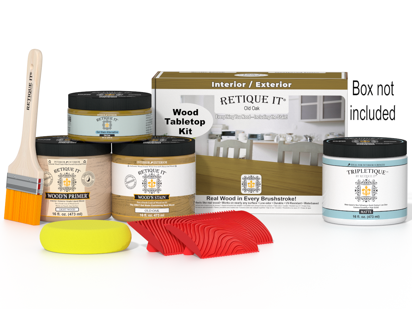 Wooden furniture care kit with paint cans, brush, and sponges on a white background