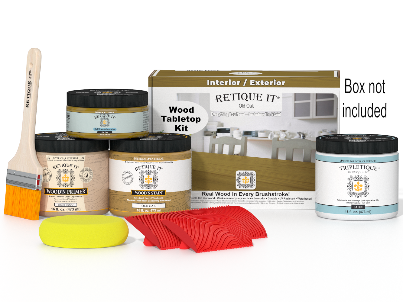 Wooden furniture care kit with paint cans, brush, and sponges on a white background