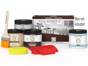 Woodworking kit with paint cans, a brush, and other tools on a white background