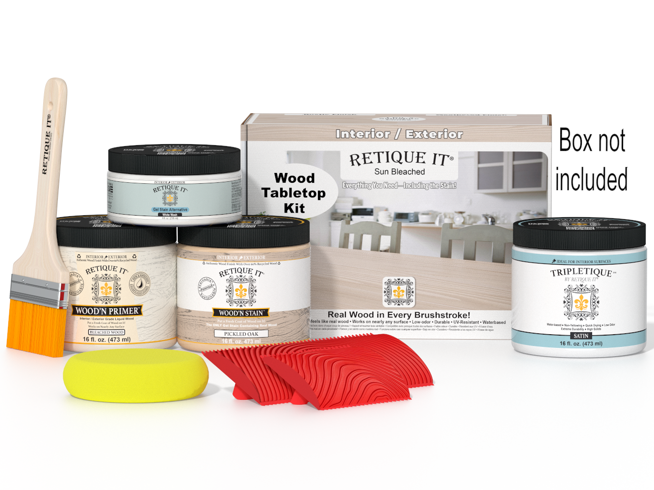 Retique It wood care product set with paint cans, brush, and packaging on a white background