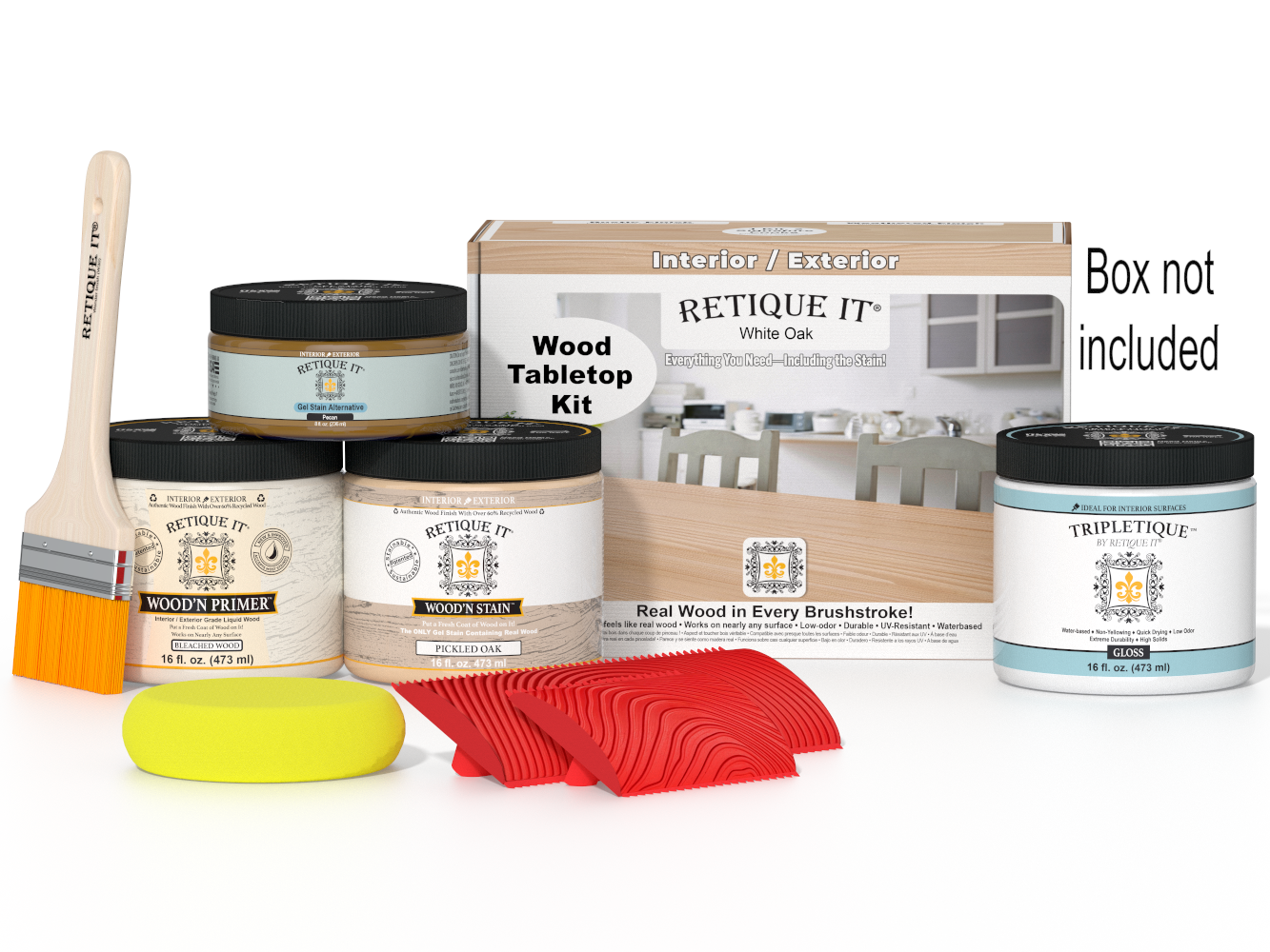 Wooden finish kit with paint cans, a brush, and packaging on a white background