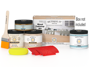 Wooden finish kit with paint cans, a brush, and packaging on a white background
