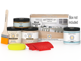 Wooden finish kit with paint cans, a brush, and a sanding block on a white background.