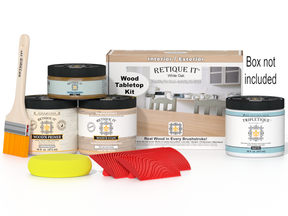 Wooden finish kit with paint cans, a brush, and a sanding block on a white background.