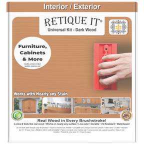 Universal Liquid Wood Kit in dark wood color by Retique It, shown in a box with application tools and sample swatches.
