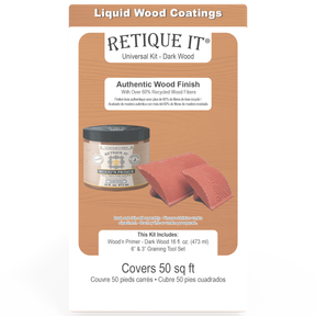 Universal Liquid Wood kit in dark wood finish by Retique It, showing the box and left side of the product.