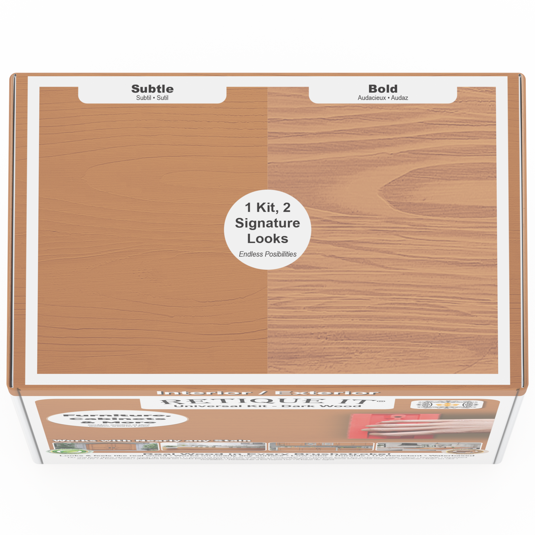 Retique It Universal Liquid Wood Kit in dark wood, showing a box with application tools and dark wood liquid wood product.