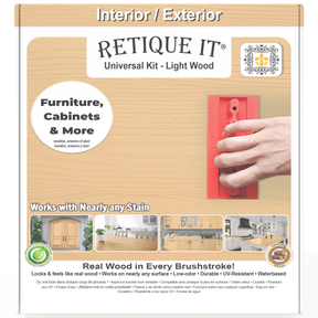 Universal Liquid Wood Kit in light wood finish by Retique It showing the box and product packaging.