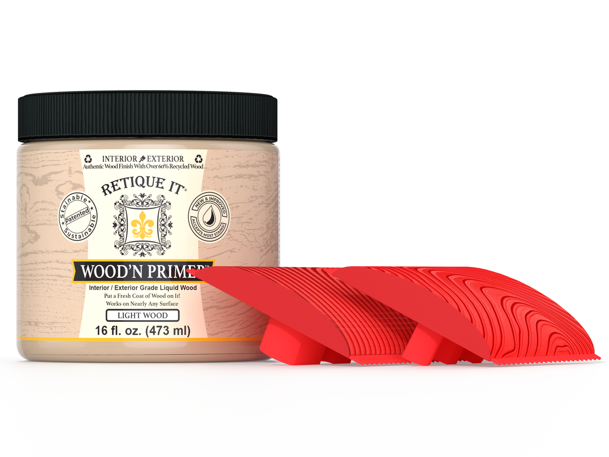 Universal Liquid Wood Kit in light wood finish by Retique It, shown in front view with applicator tools and light wood color.