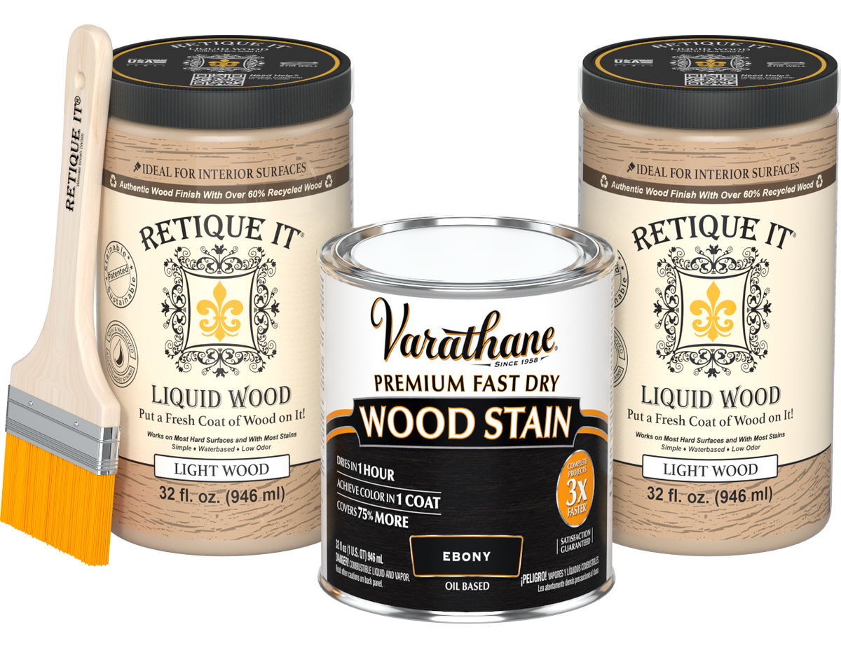 Angled product view of the 64 oz Retique It Liquid Wood kit with Varathane Ebony stain and a paintbrush.