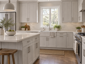 Antique White kitchen cabinets and island with pale countertops, a farmhouse sink, and stainless steel appliances.