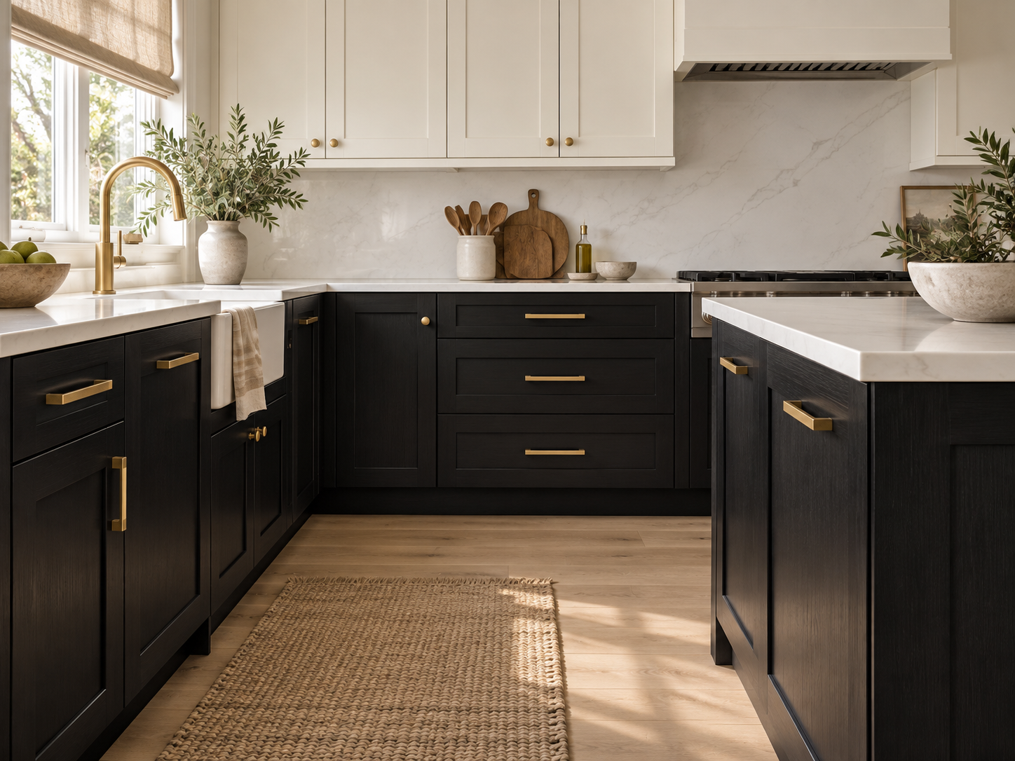 Ebony lower kitchen cabinets and island with brass handles, white upper cabinets, and pale stone countertops.